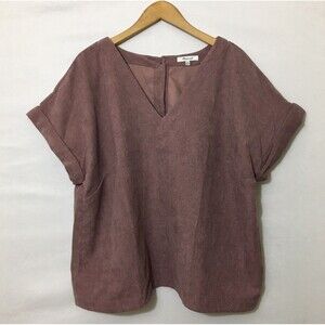 Madewell Corduroy V-Neck Top Size 1X Mauve Button Back Shirt Ribbed